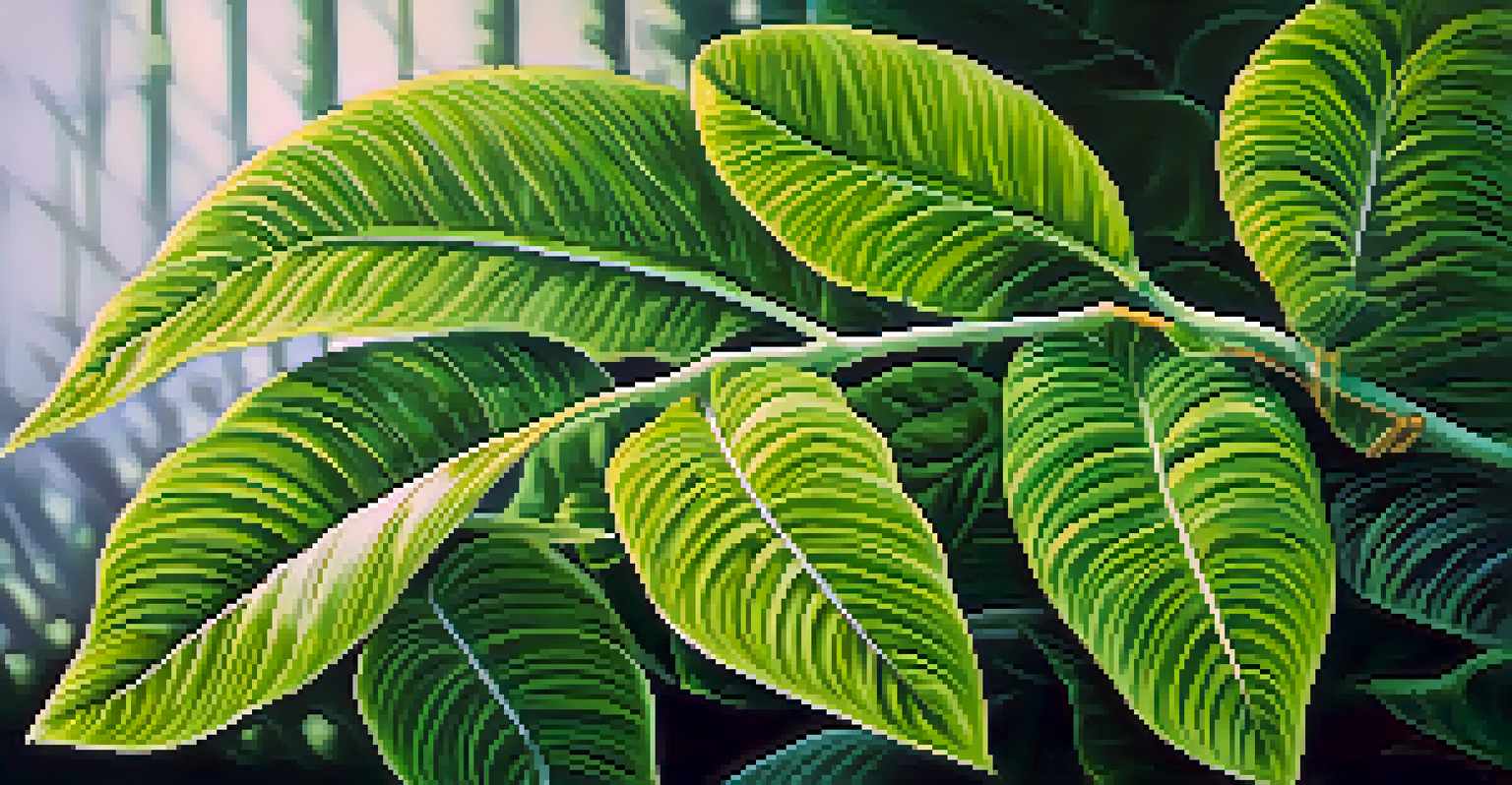 Close-up of vibrant green ayahuasca plant leaves with intricate textures and soft sunlight illuminating them.