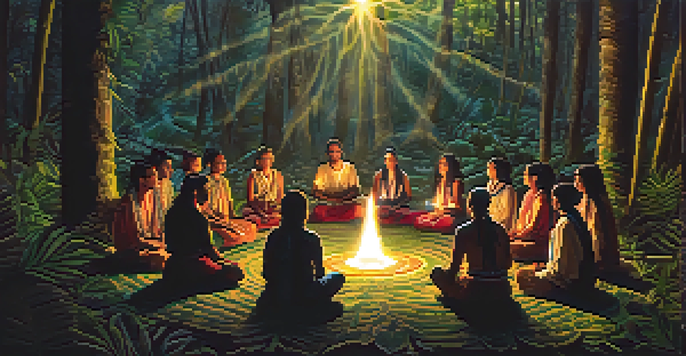 A peaceful ayahuasca ceremony in a forest clearing, featuring participants in a circle with a shaman, illuminated by candlelight.