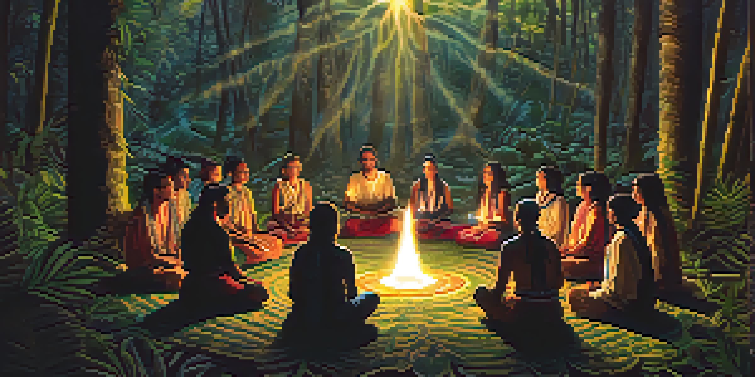 A peaceful ayahuasca ceremony in a forest clearing, featuring participants in a circle with a shaman, illuminated by candlelight.