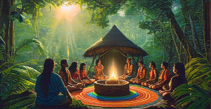 A peaceful Amazon rainforest at dawn with sunlight filtering through trees and a traditional ayahuasca ceremony setup in the foreground.