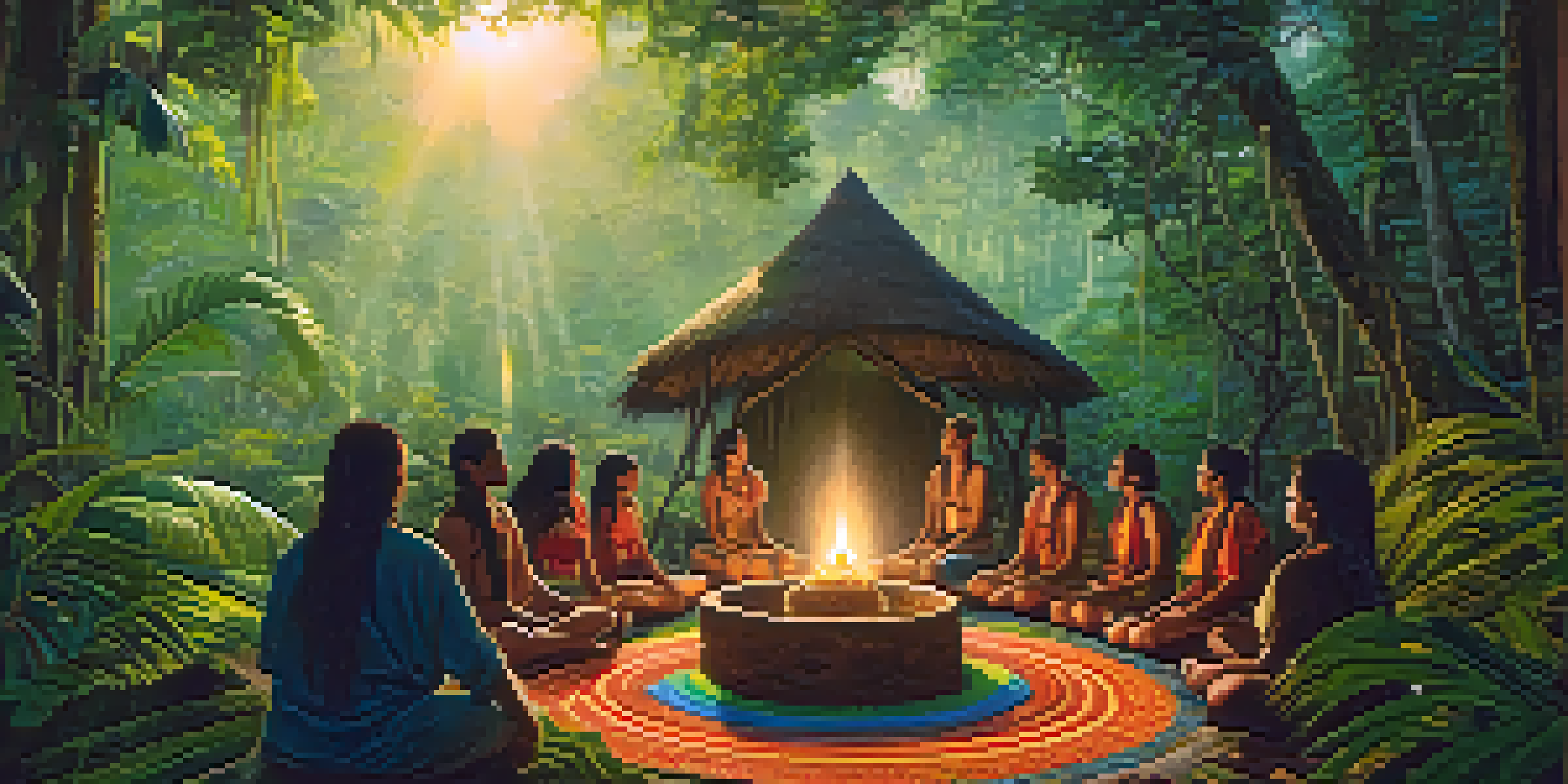 A peaceful Amazon rainforest at dawn with sunlight filtering through trees and a traditional ayahuasca ceremony setup in the foreground.