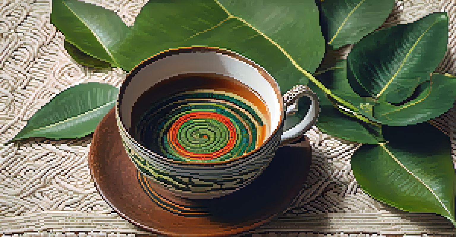 A close-up of a ceramic cup filled with Ayahuasca brew, surrounded by fresh leaves and warm lighting.