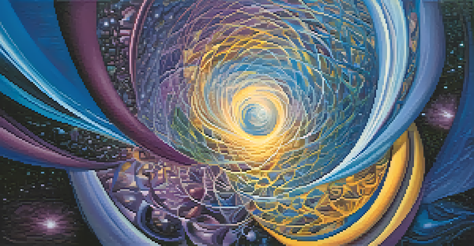 An abstract image displaying swirling colors and geometric patterns, representing quantum realities and the interconnectedness of consciousness.