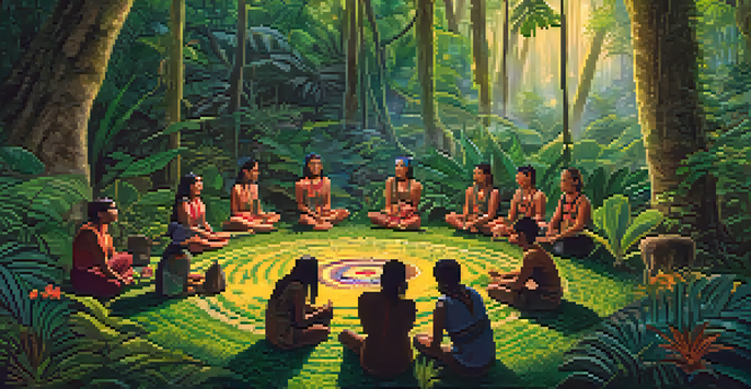 A tranquil jungle setting with participants in a circle during an Ayahuasca ceremony, a shaman preparing the brew surrounded by greenery.