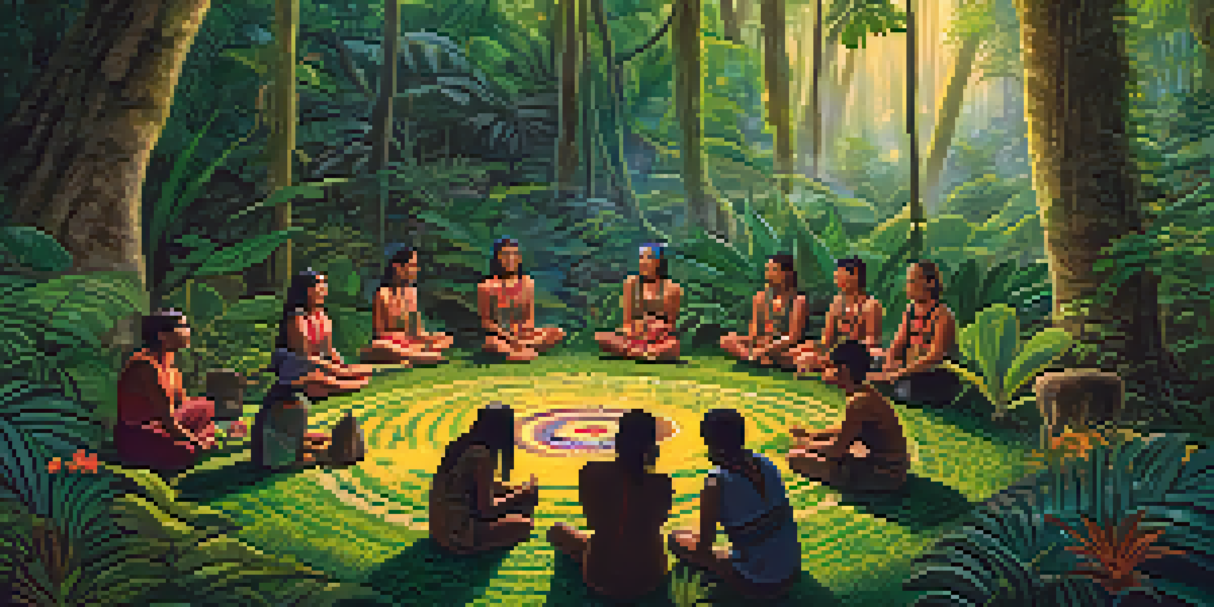 A tranquil jungle setting with participants in a circle during an Ayahuasca ceremony, a shaman preparing the brew surrounded by greenery.