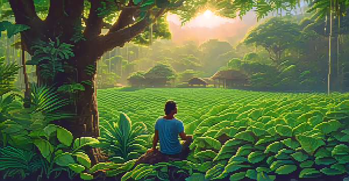 A farmer tending to a vibrant ayahuasca farm, surrounded by lush greenery and trees, illuminated by warm sunlight.