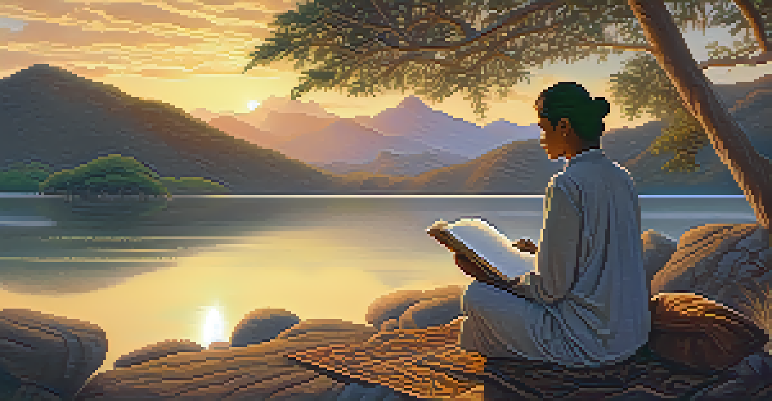 A participant journaling at sunset after an Ayahuasca ceremony, surrounded by mountains and trees in a tranquil landscape.