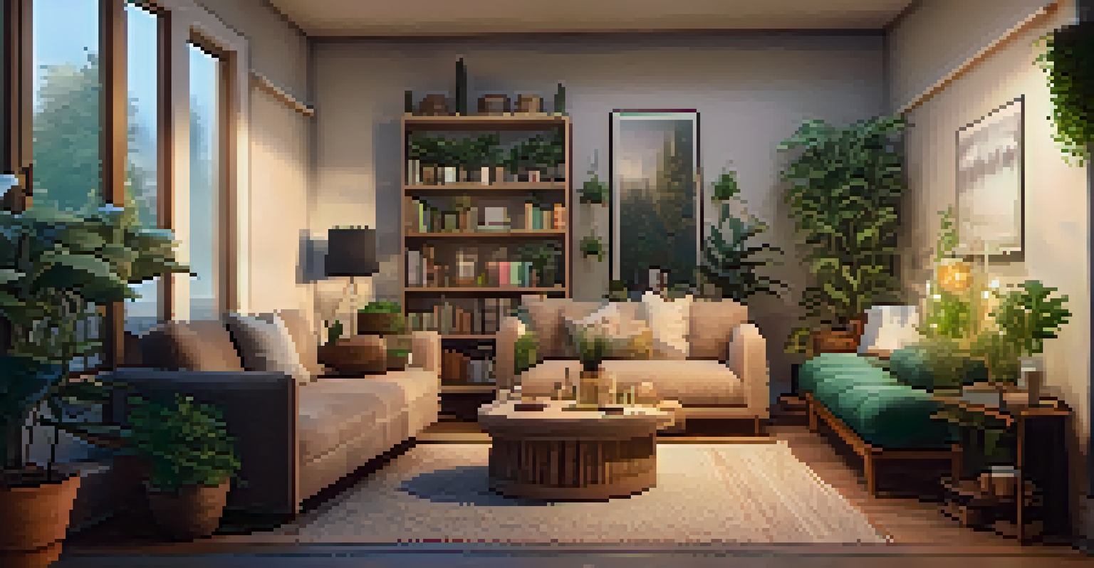 A cozy indoor space with cushions, a table with journals and tea, and plants, perfect for reflection and sharing.