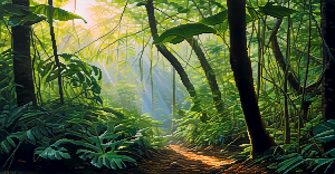 A tranquil Amazon rainforest at dawn with green vines and sunlight filtering through trees.