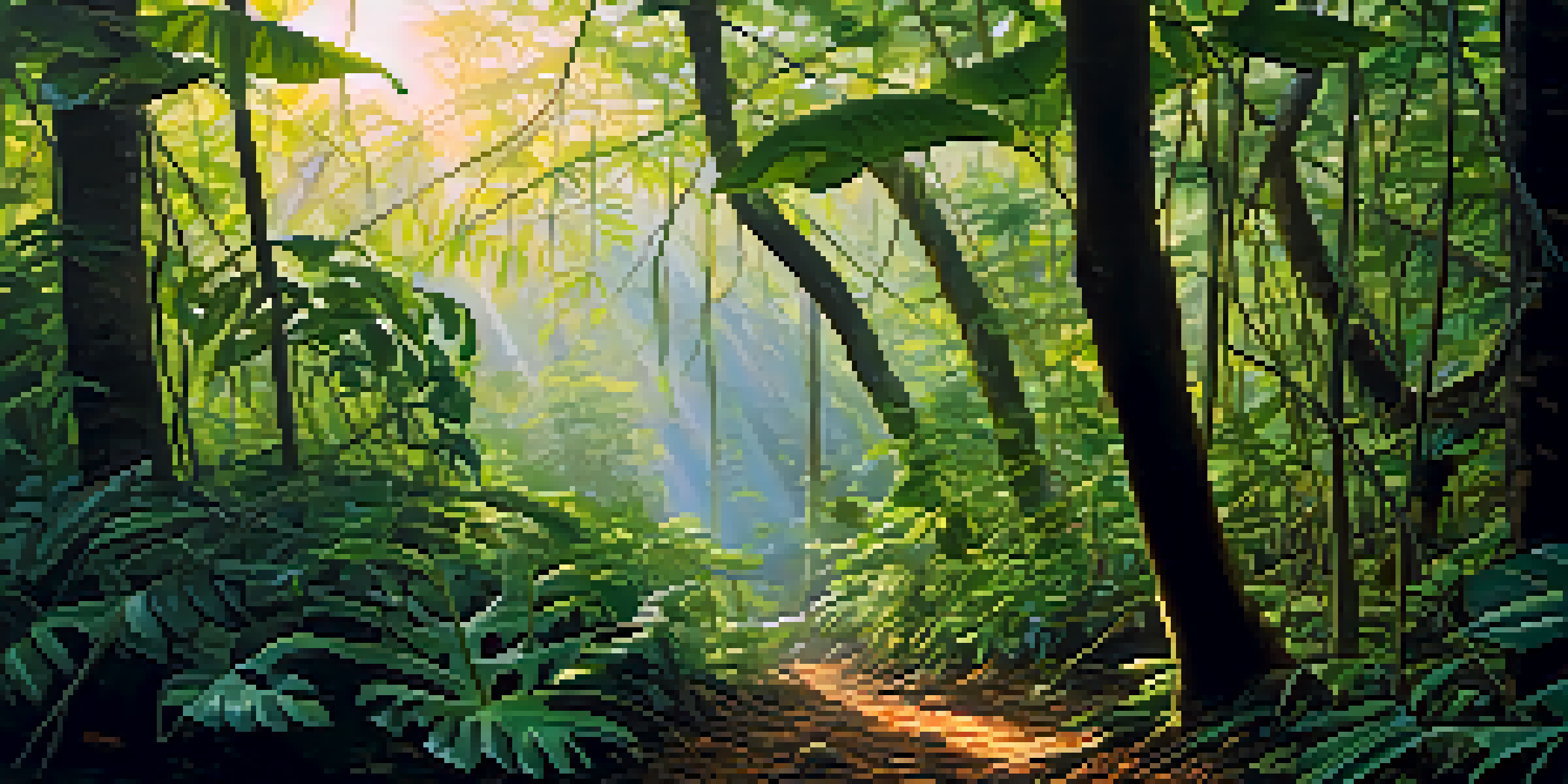 A tranquil Amazon rainforest at dawn with green vines and sunlight filtering through trees.