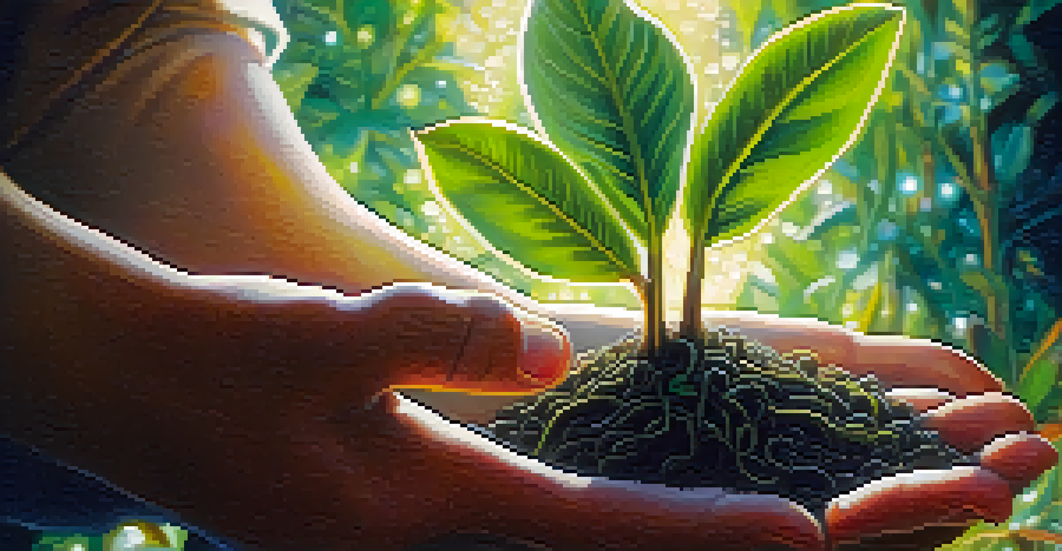 A close-up of hands holding a glowing seedling, symbolizing the nurturing of insights, against a softly lit garden background.