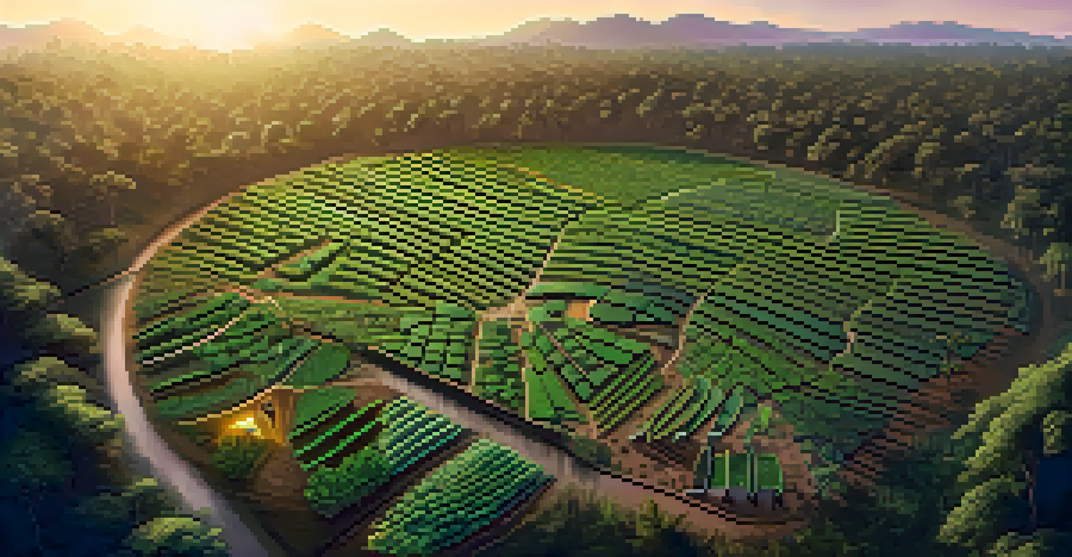 Aerial view of an agroforestry setup with ayahuasca plants and other crops, highlighting a drip irrigation system, bathed in sunset light.