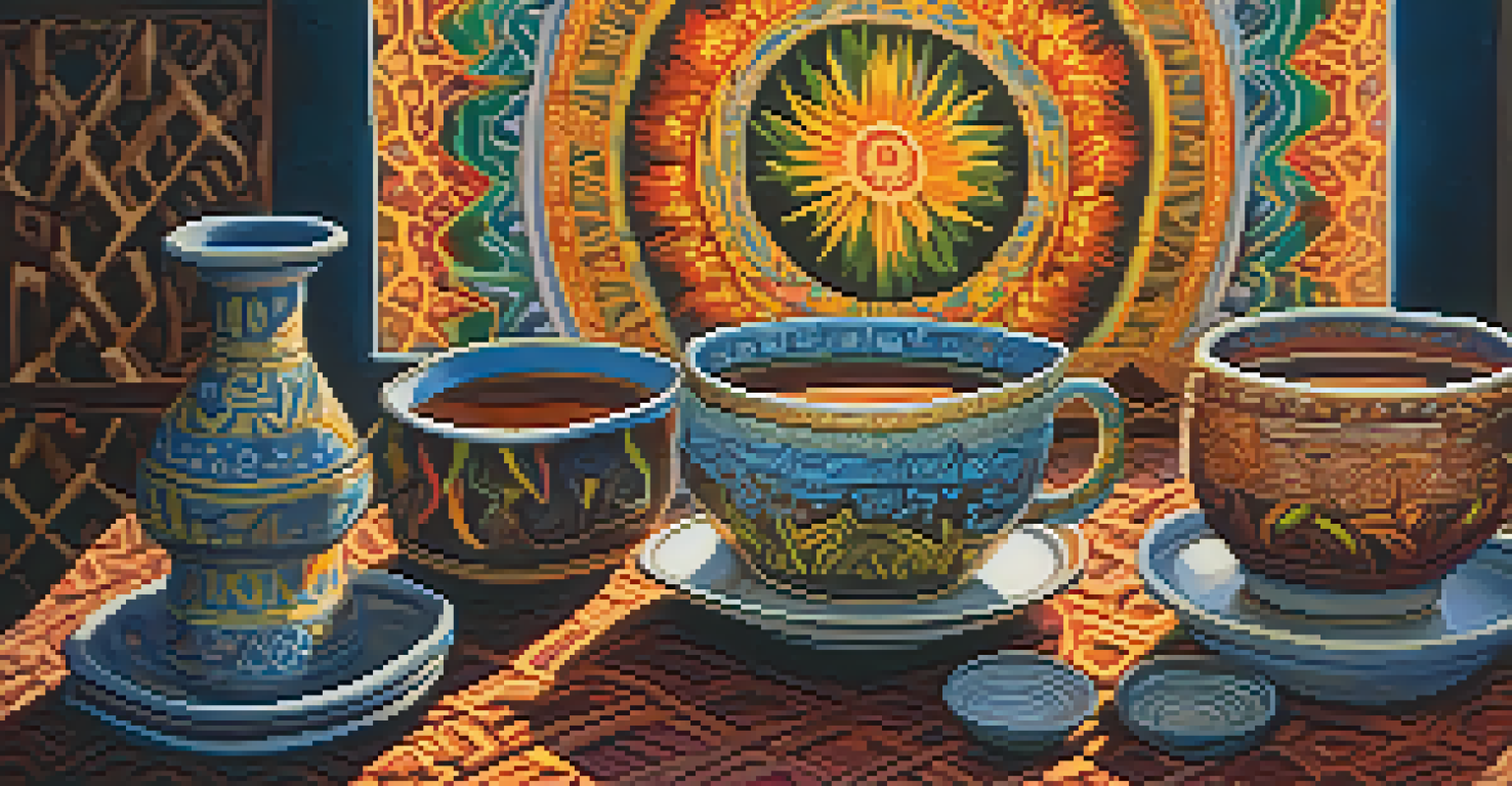 A close-up of Ayahuasca brew in a ceramic cup on a wooden altar, surrounded by sacred symbols and flowers, illuminated by sunlight.