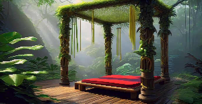 A peaceful Amazon rainforest with intertwined vines and leaves, illuminated by soft dawn light, featuring a ceremonial space with a woven mat.
