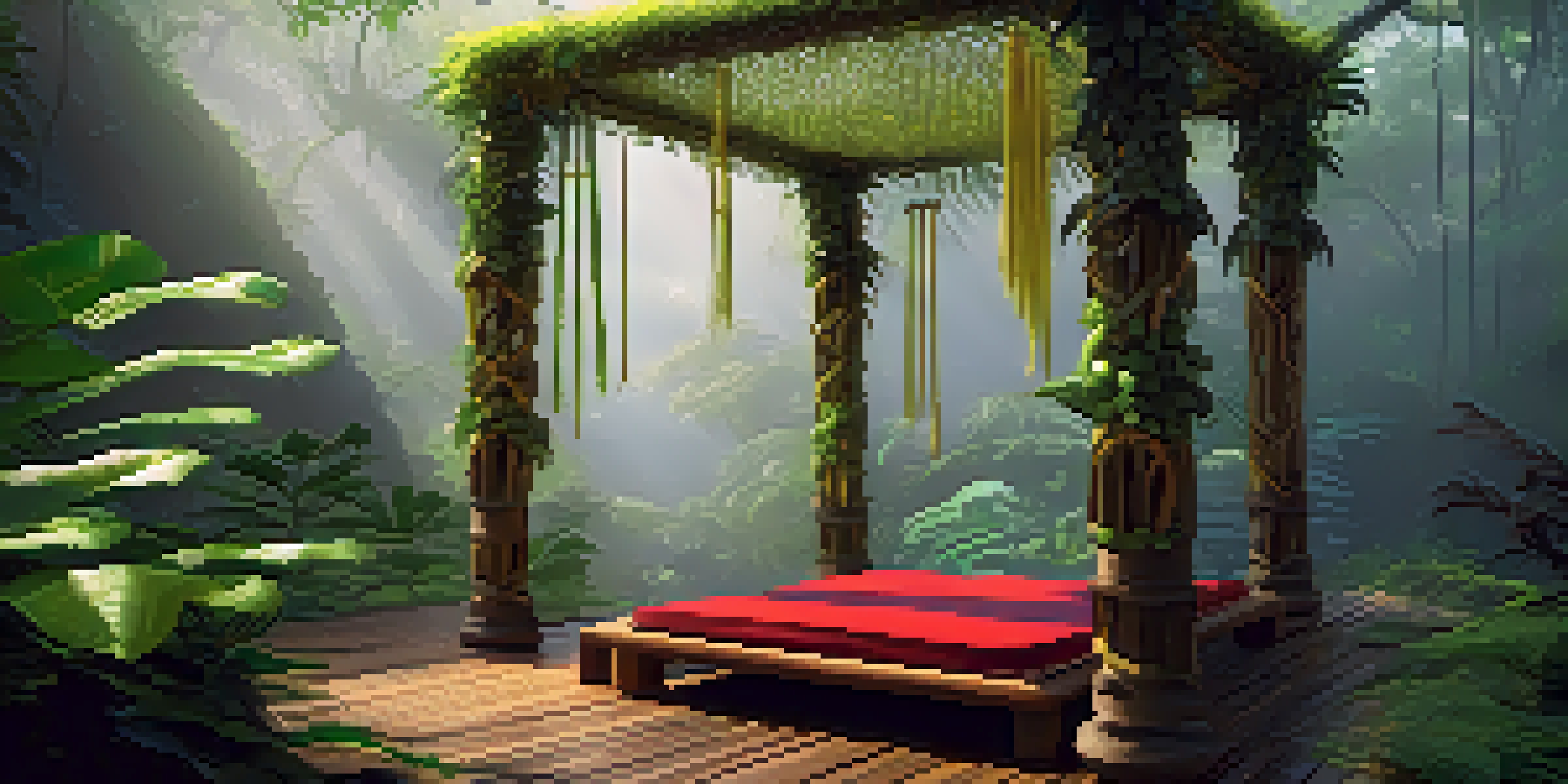 A peaceful Amazon rainforest with intertwined vines and leaves, illuminated by soft dawn light, featuring a ceremonial space with a woven mat.