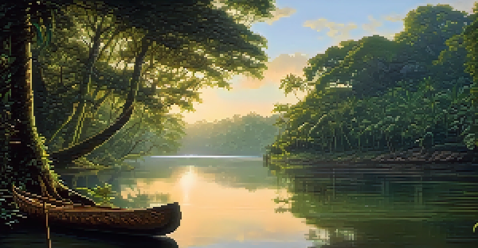A peaceful Amazon rainforest at dawn with a flowing river and a wooden canoe on the bank.