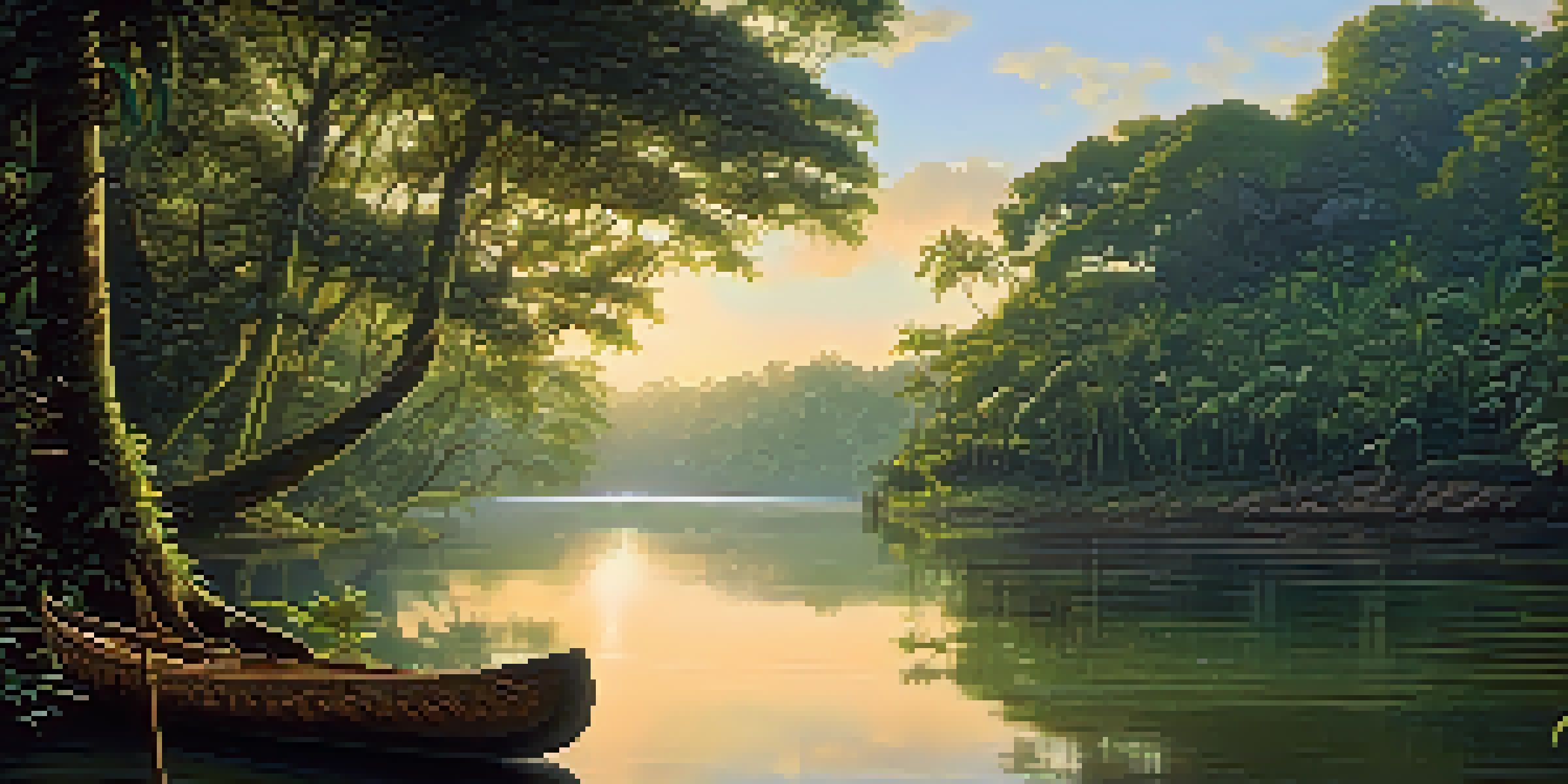 A peaceful Amazon rainforest at dawn with a flowing river and a wooden canoe on the bank.