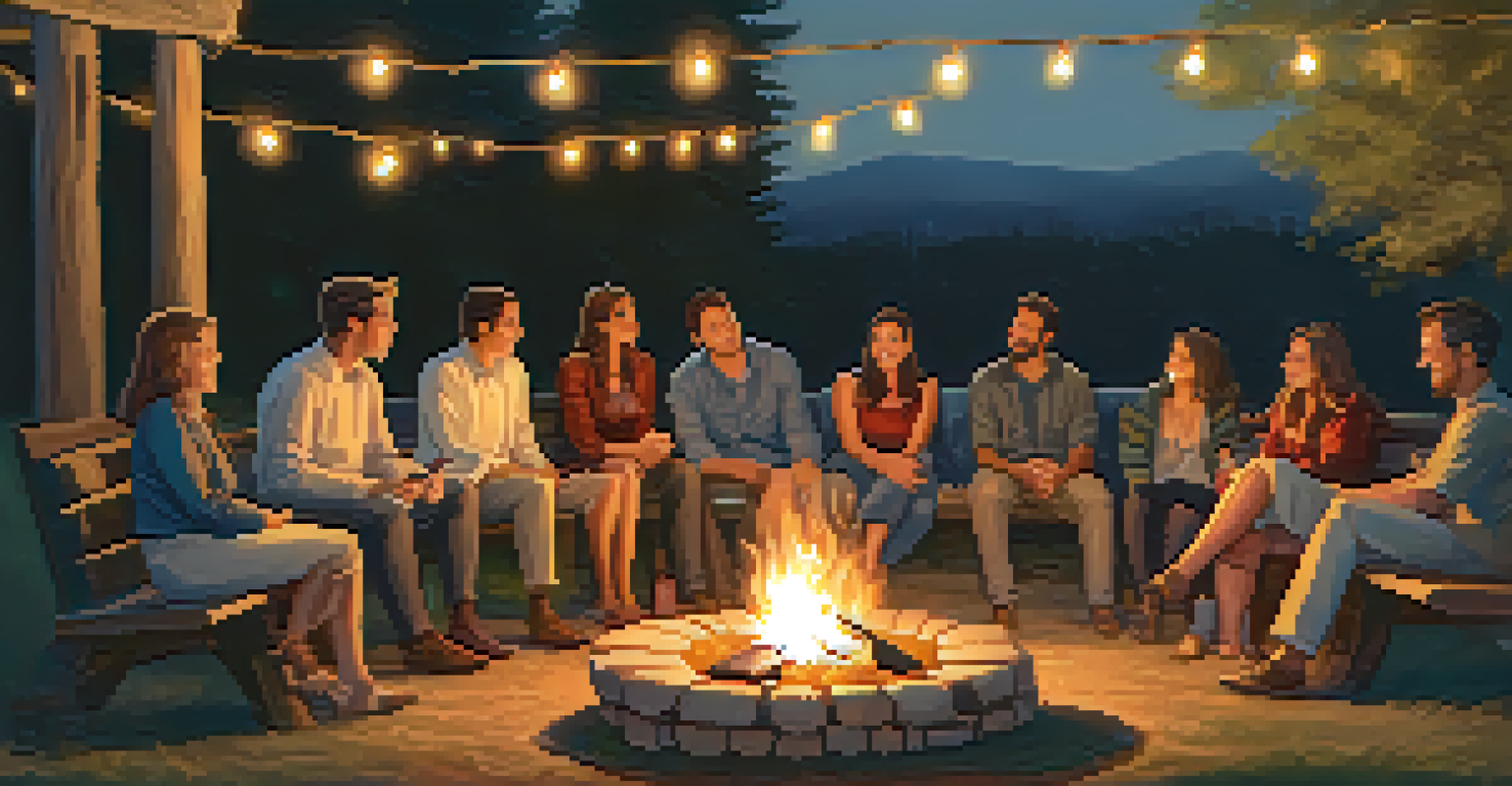Participants sharing experiences around a fire pit after an Ayahuasca ceremony, with a starry night sky in the background.