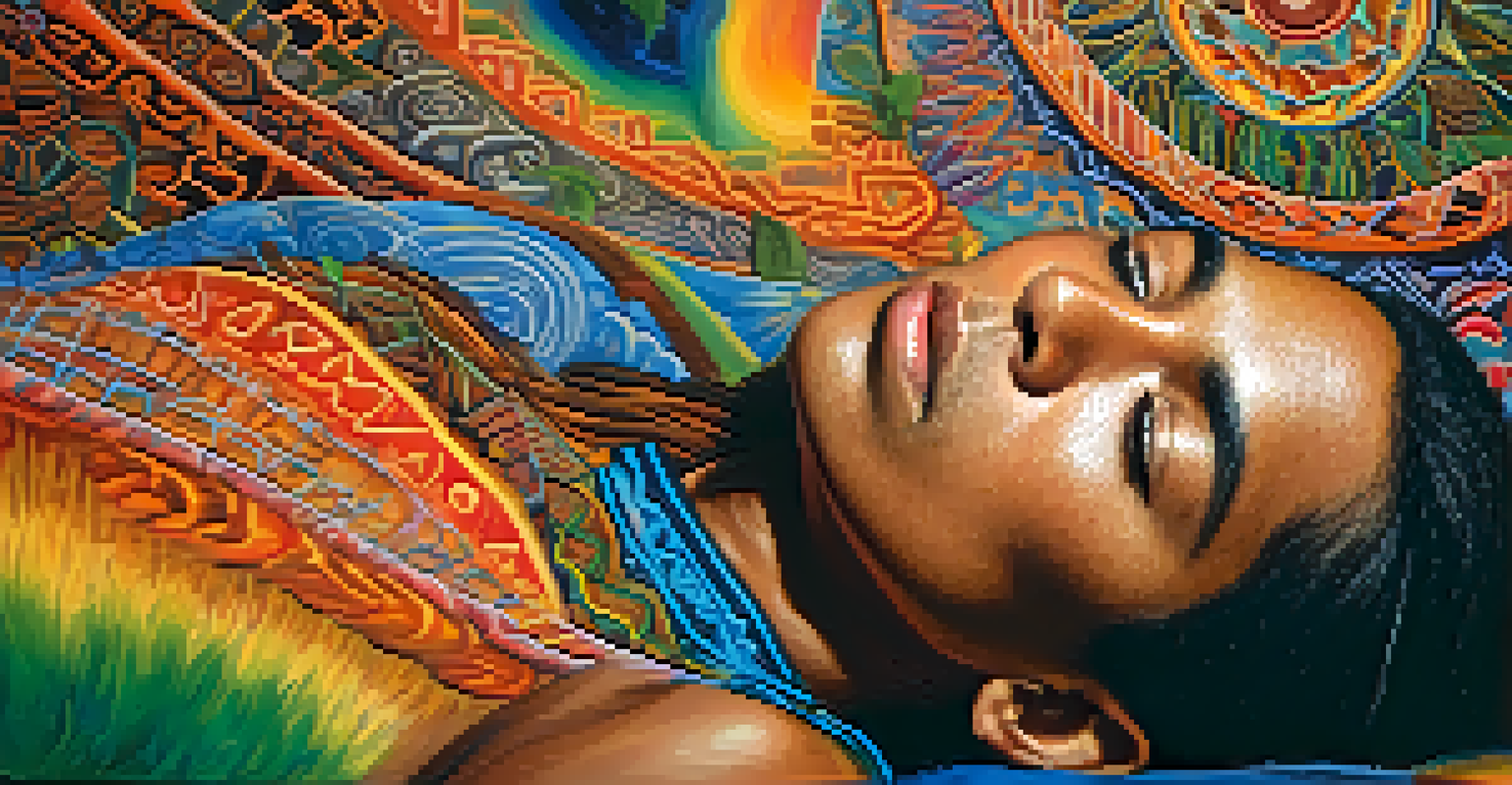 A close-up of a person in an Ayahuasca ceremony, reflecting deeply with swirling colors and warm lighting around them.