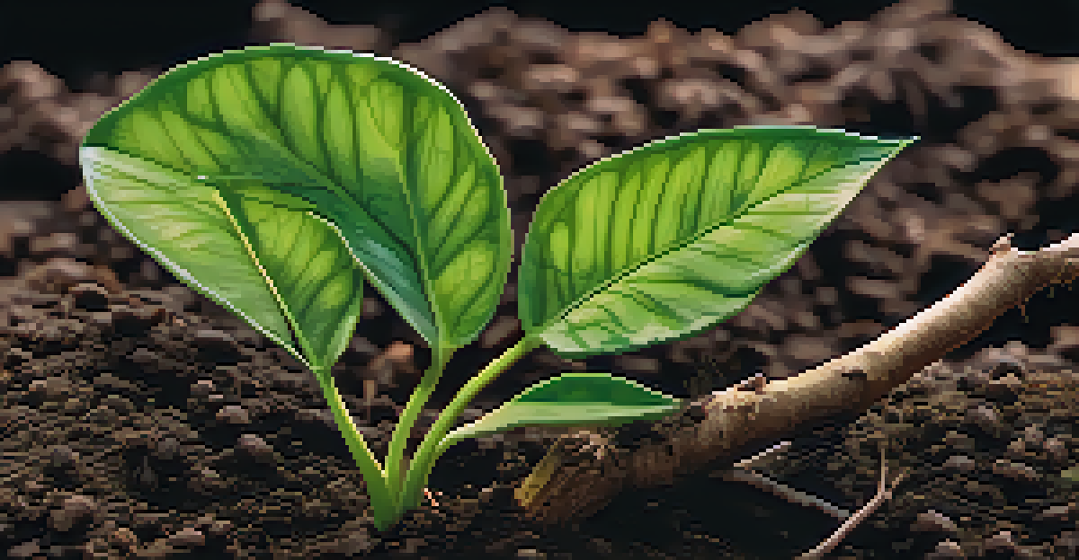 A close-up of a healthy ayahuasca plant with dark soil, emphasizing its vibrant leaves and the texture of the soil filled with microorganisms.