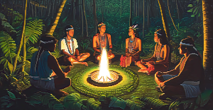 A group of people in a circle around a fire during an ayahuasca ceremony in a rainforest at night, with a shaman at the center.