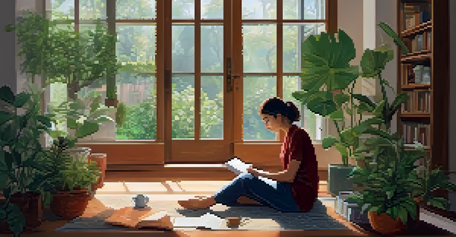 A person journaling in a cozy indoor space with plants and soft lighting, representing reflection and emotional growth.