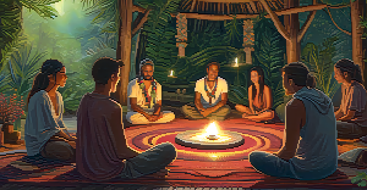 A warm and inviting Ayahuasca ceremony setting with participants in a circle, illuminated by candlelight and surrounded by natural decorations.
