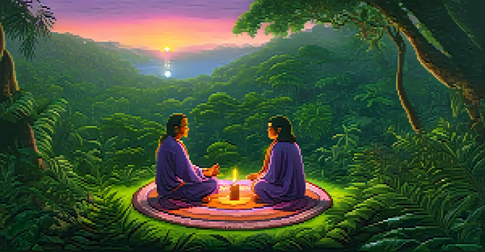 A tranquil Ayahuasca ceremony in the Amazon rainforest at twilight, with indigenous healers and participants surrounded by lush greenery and warm candlelight.
