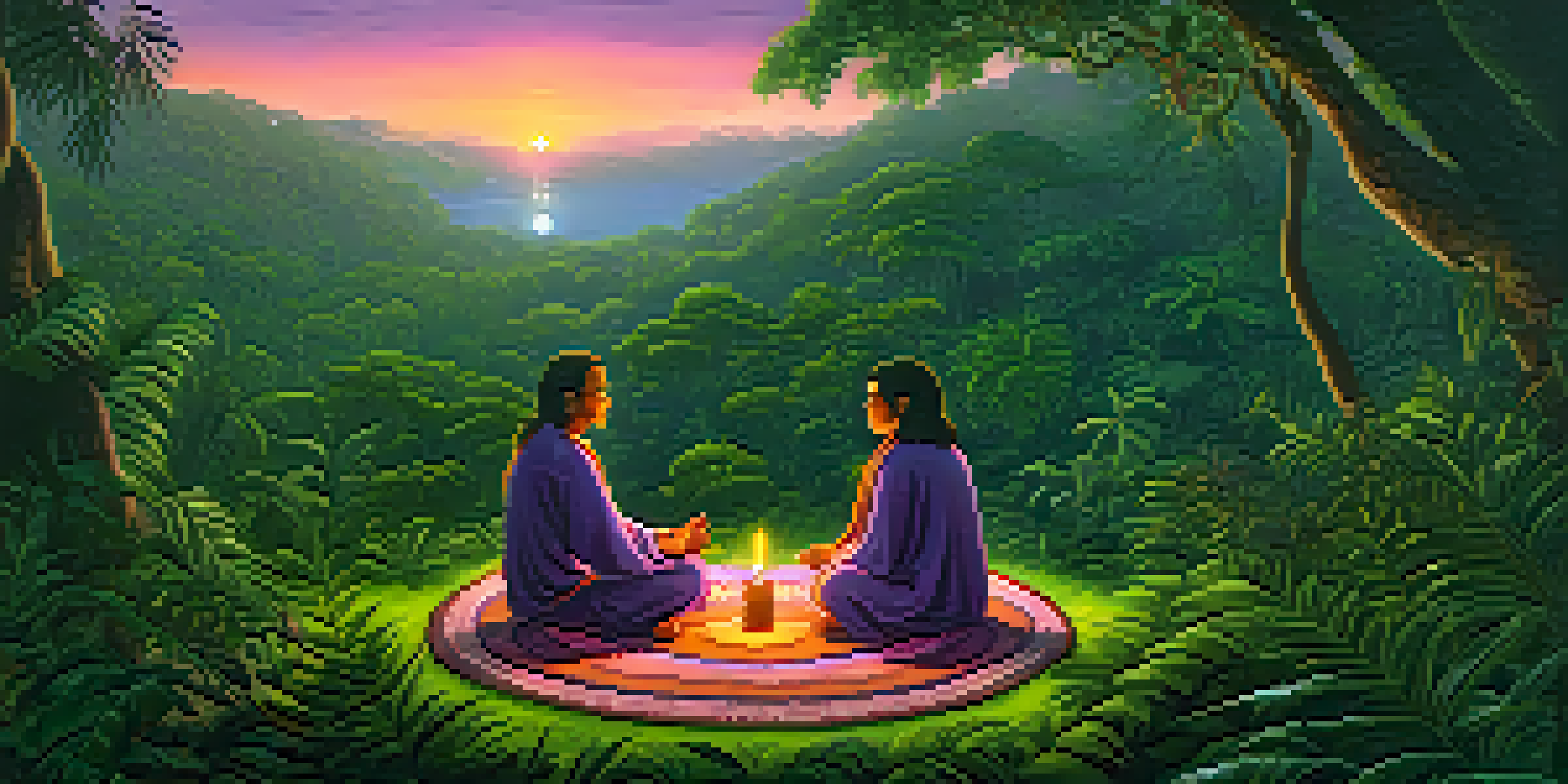 A tranquil Ayahuasca ceremony in the Amazon rainforest at twilight, with indigenous healers and participants surrounded by lush greenery and warm candlelight.