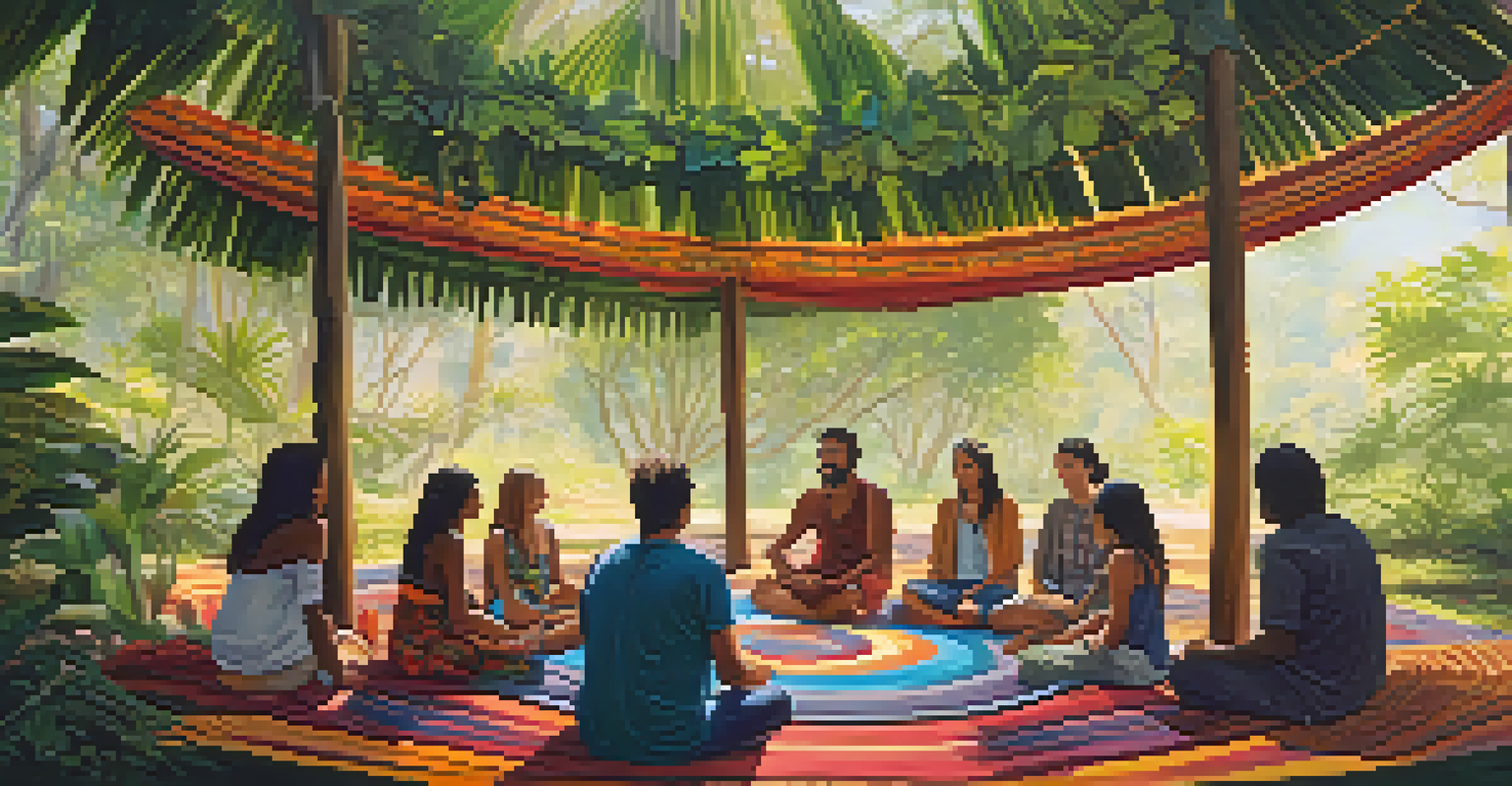 An outdoor ayahuasca retreat with participants seated on mats under a colorful canopy, surrounded by tropical plants.