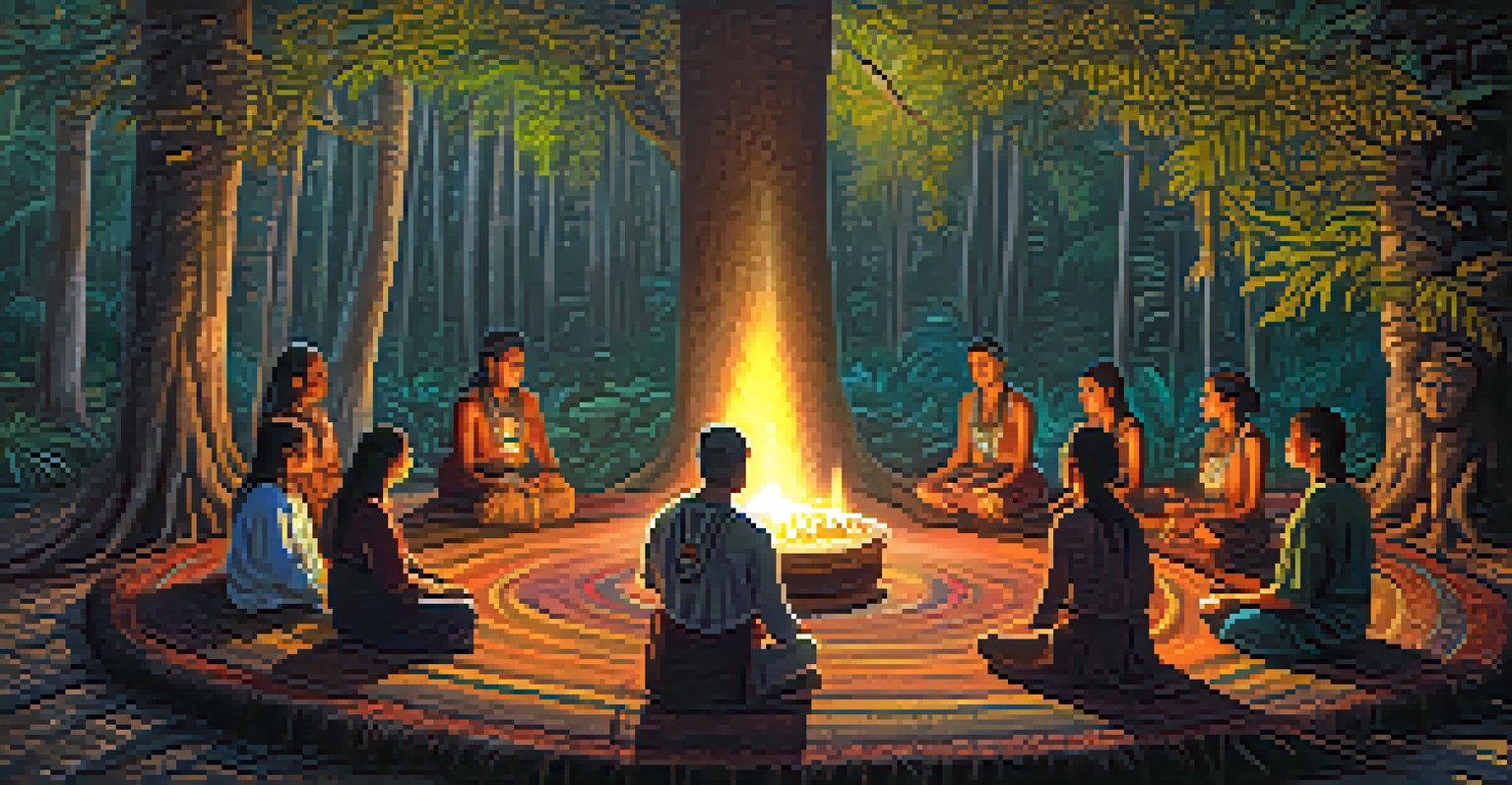 A group gathered in a circle at an outdoor Ayahuasca ceremony, surrounded by trees and soft light, with a shaman preparing the brew.