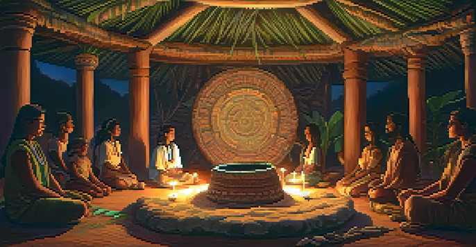 A tranquil ceremonial space with warm candlelight, a shaman playing a drum, and participants sitting in a circle surrounded by plants and natural elements.