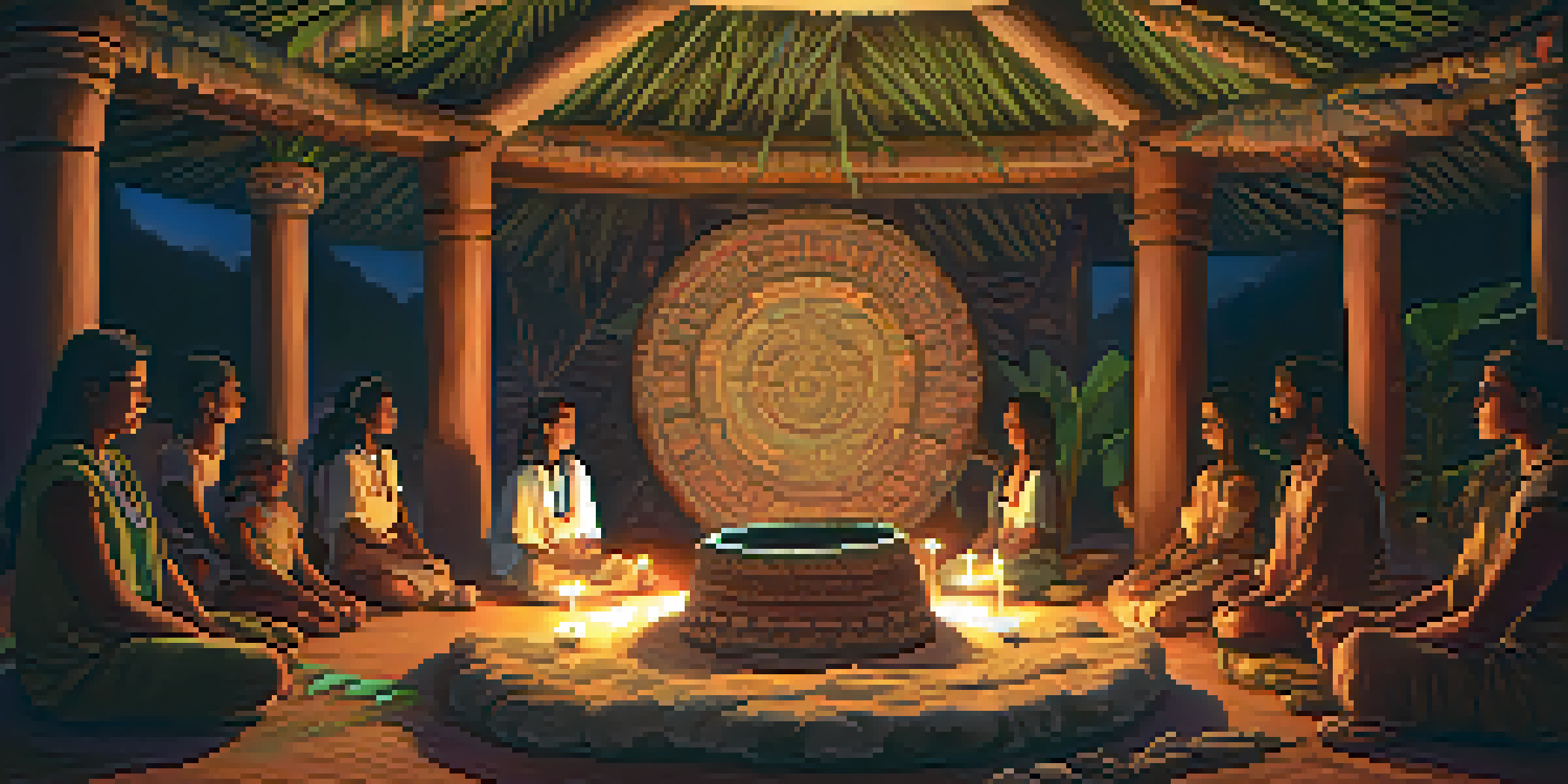 A tranquil ceremonial space with warm candlelight, a shaman playing a drum, and participants sitting in a circle surrounded by plants and natural elements.