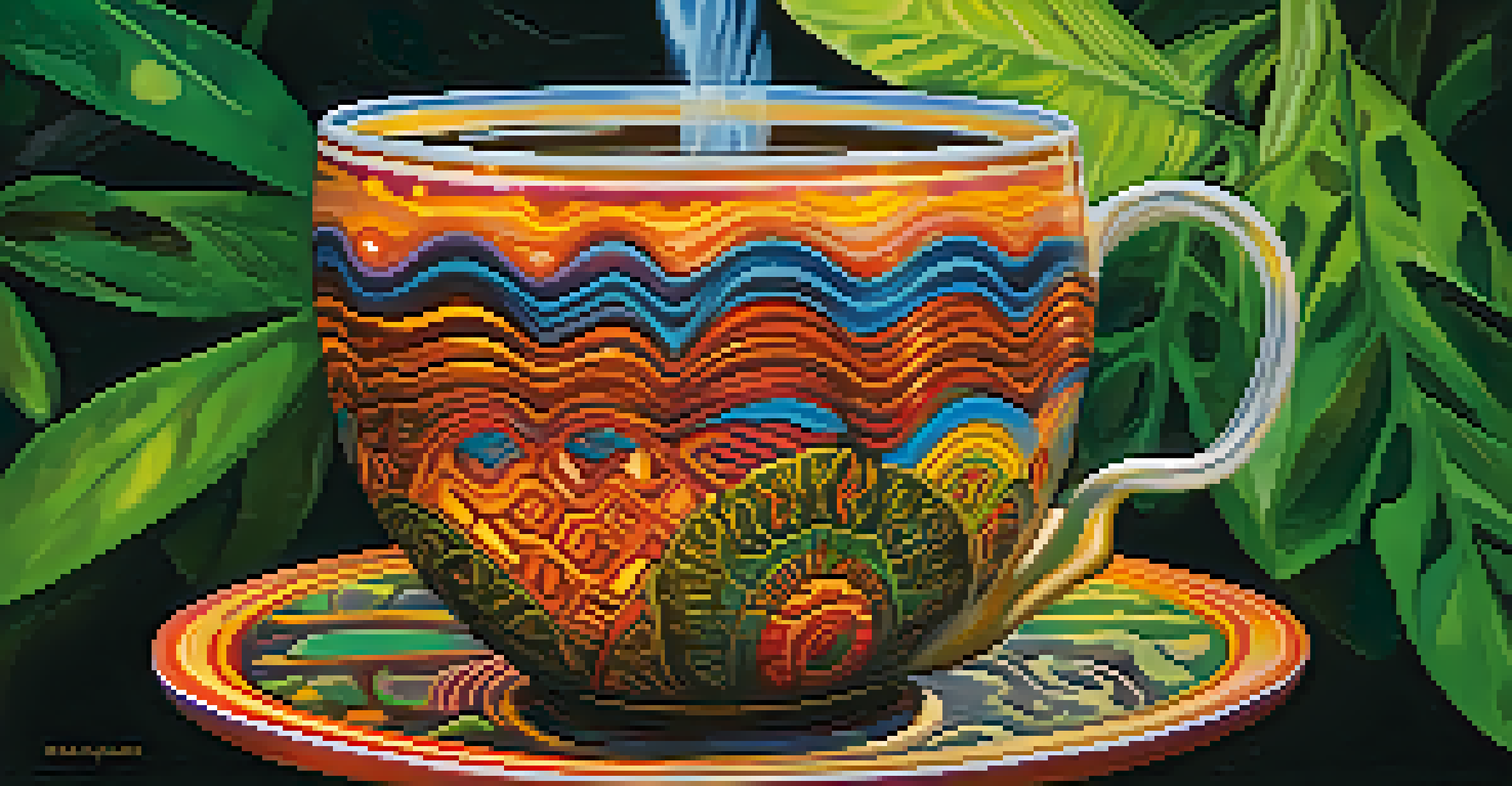A close-up of a traditional cup filled with Ayahuasca brew, with swirling colors and a blurred jungle background.