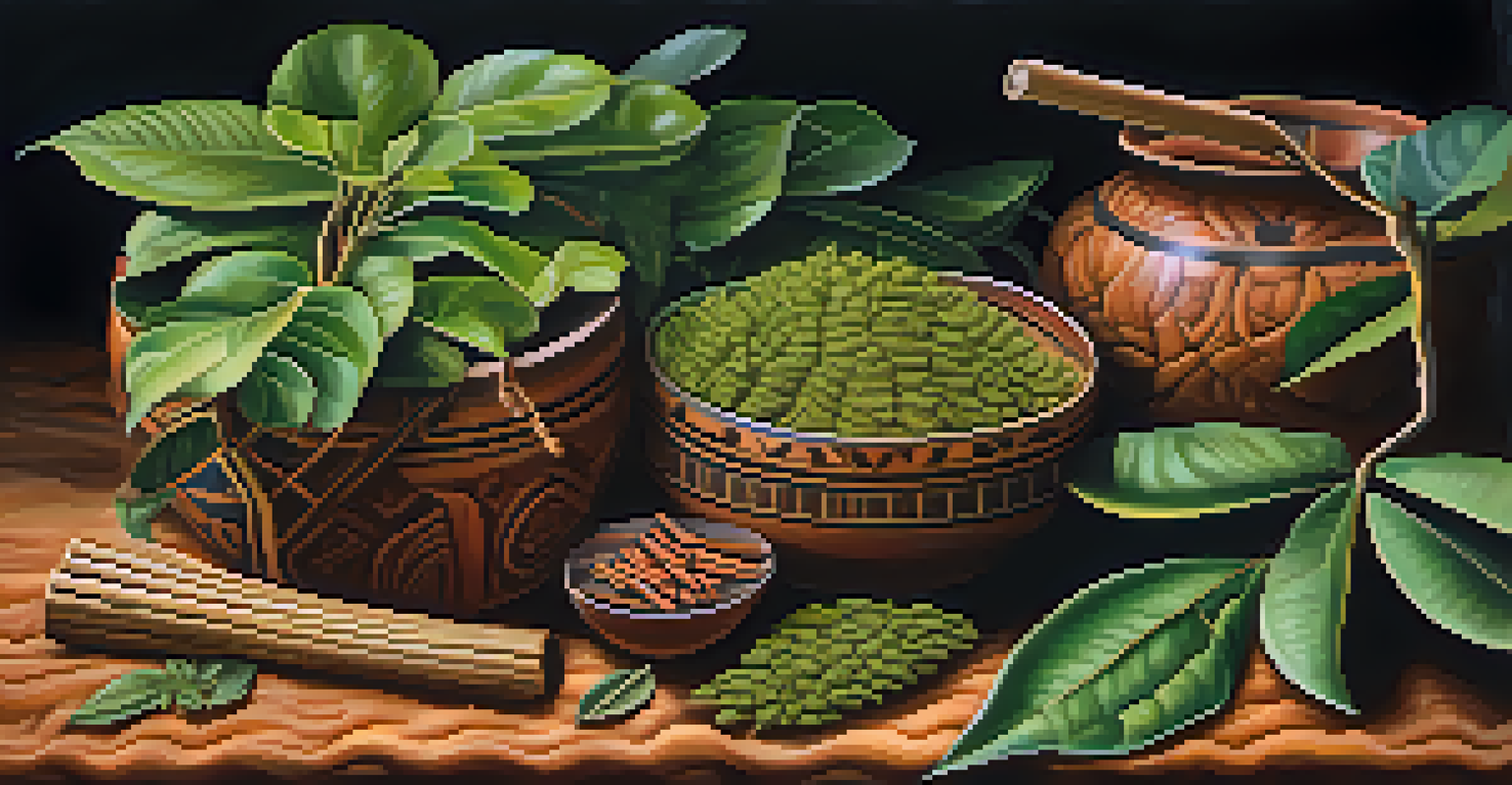 A close-up of freshly harvested ayahuasca plants with indigenous tools in the background, illuminated by soft natural light.