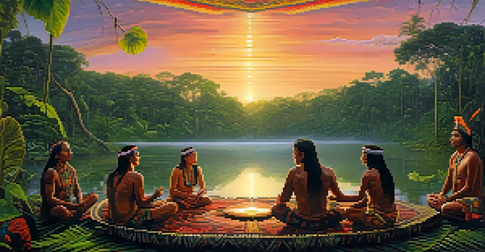 A peaceful Amazon rainforest at sunset with a river reflecting the colors, indigenous people participating in an Ayahuasca ceremony, surrounded by lush greenery.