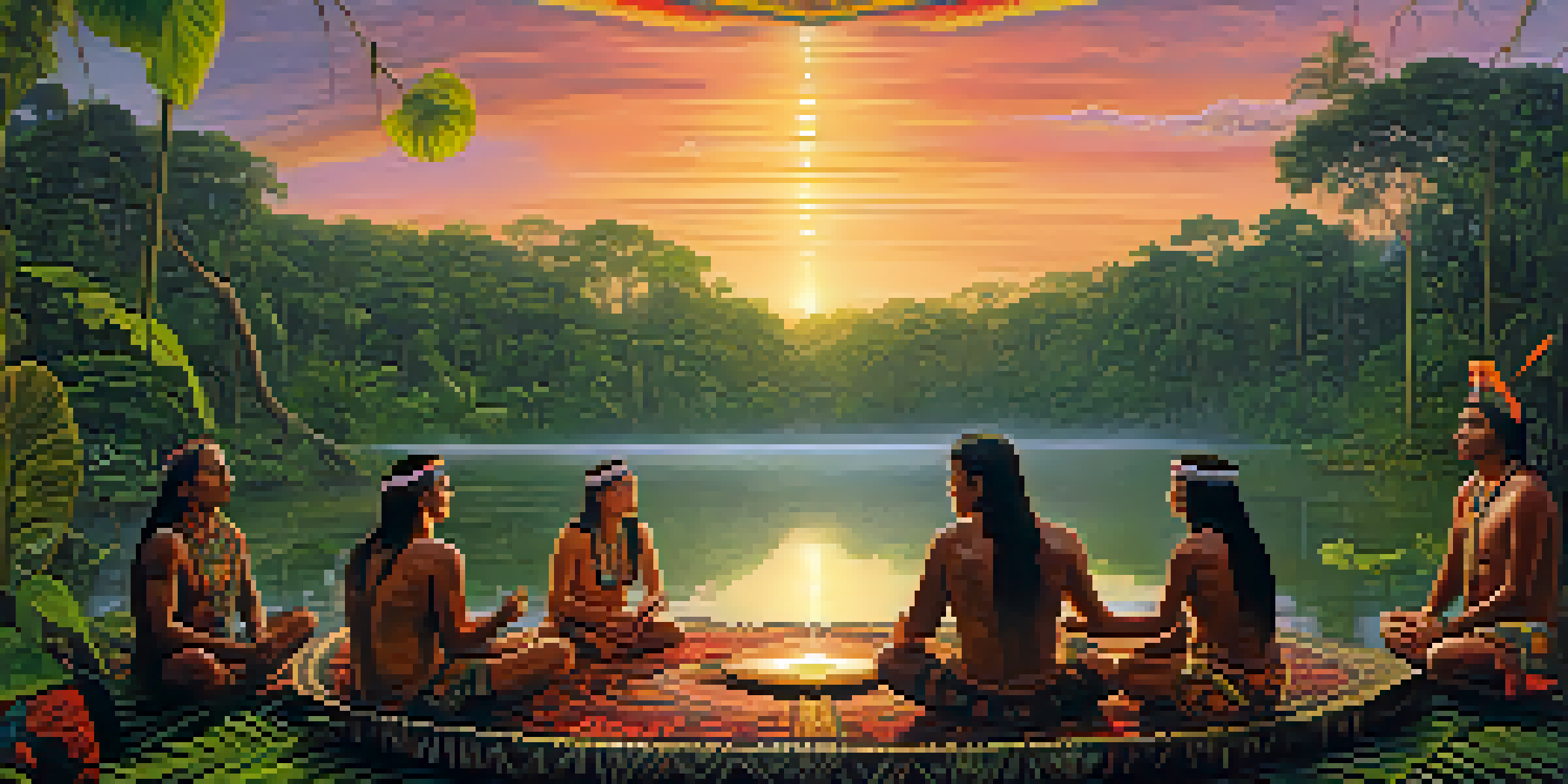 A peaceful Amazon rainforest at sunset with a river reflecting the colors, indigenous people participating in an Ayahuasca ceremony, surrounded by lush greenery.