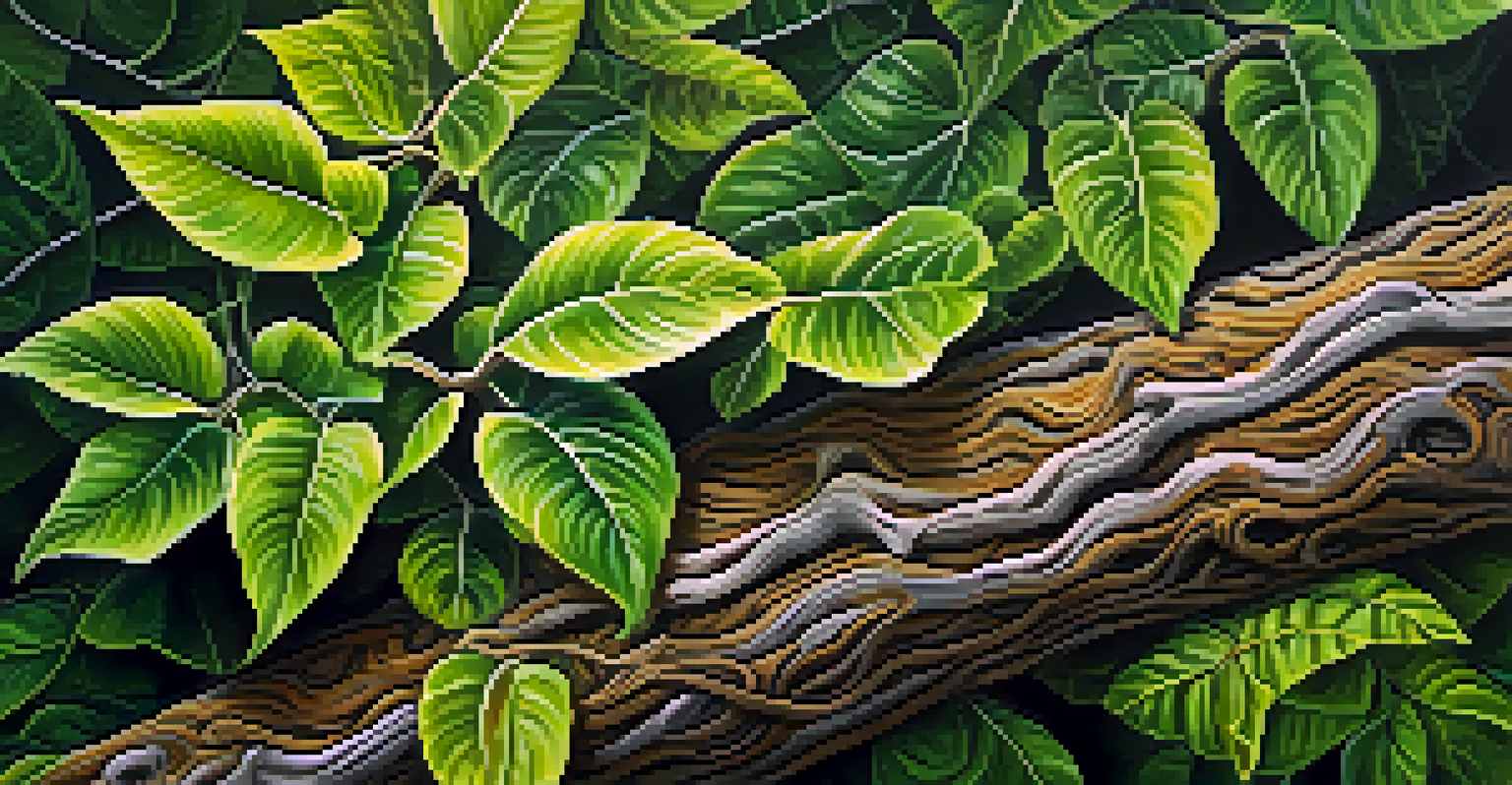 Close-up of a Banisteriopsis caapi vine with detailed bark and green leaves in a tropical setting.