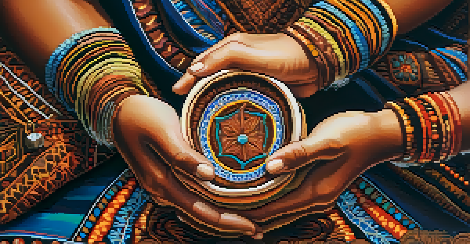 A close-up of hands holding ayahuasca brew, surrounded by colorful ceremonial textiles.