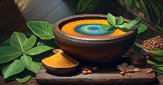 A close-up of ayahuasca brew in a wooden bowl surrounded by leaves and flowers.