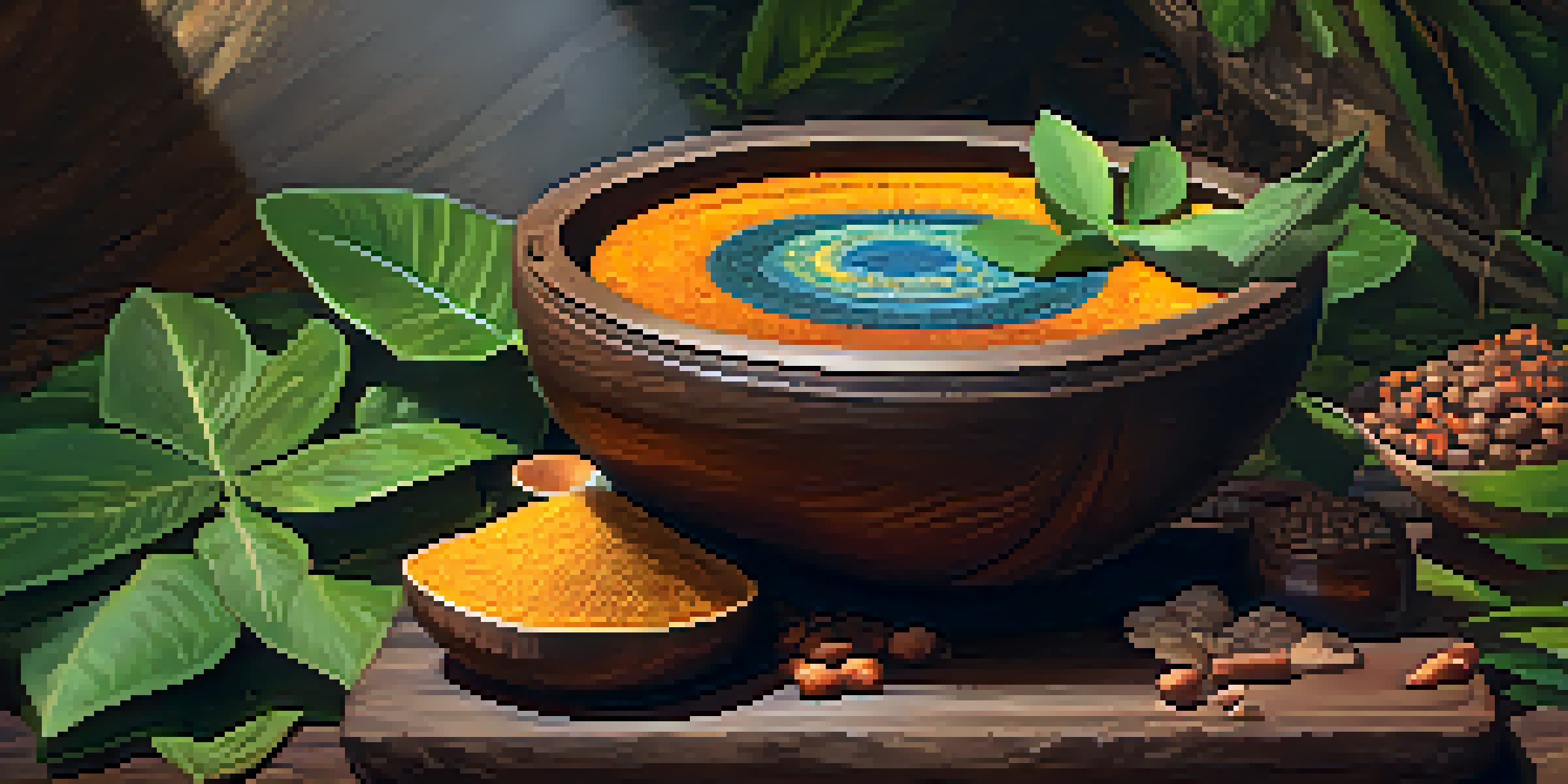 A close-up of ayahuasca brew in a wooden bowl surrounded by leaves and flowers.