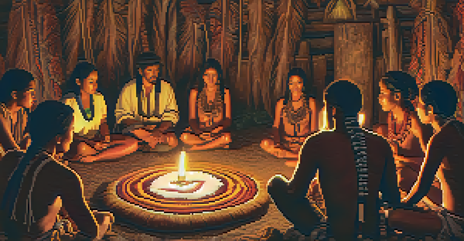 An intimate Ayahuasca ceremony with participants in a circle surrounded by candles and traditional objects, emphasizing a spiritual ambiance and connection.