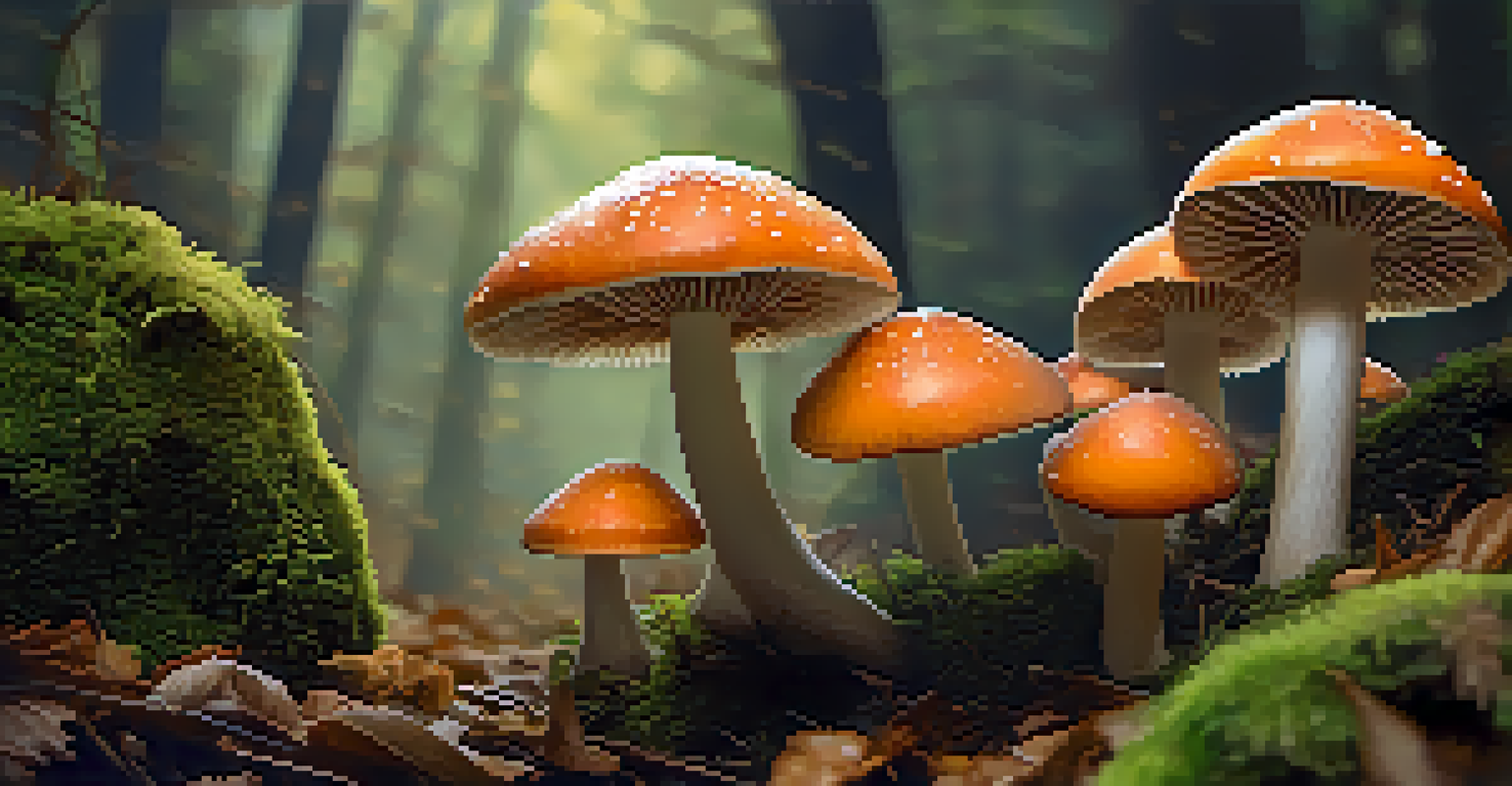 A close-up of psilocybin mushrooms surrounded by leaves and moss, illuminated by soft sunlight.