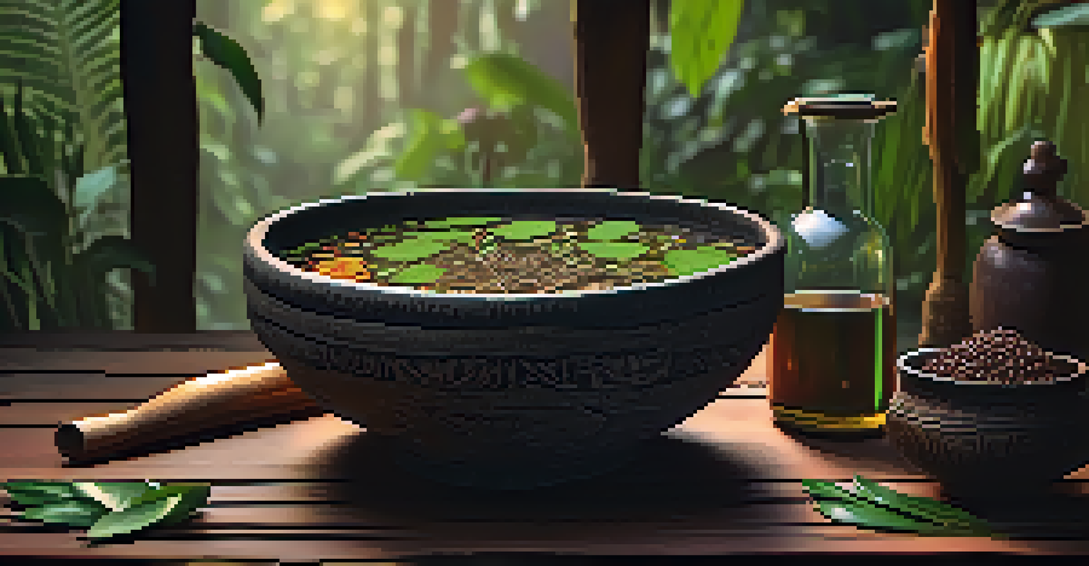 A close-up of Ayahuasca brew in a handcrafted bowl, surrounded by Amazonian plants and herbs in soft natural light.