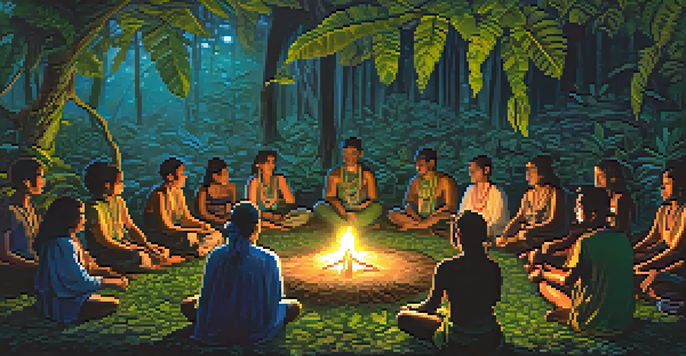 A tranquil ayahuasca ceremony in the Amazon rainforest, featuring participants in a circle around a shaman, illuminated by warm candlelight.