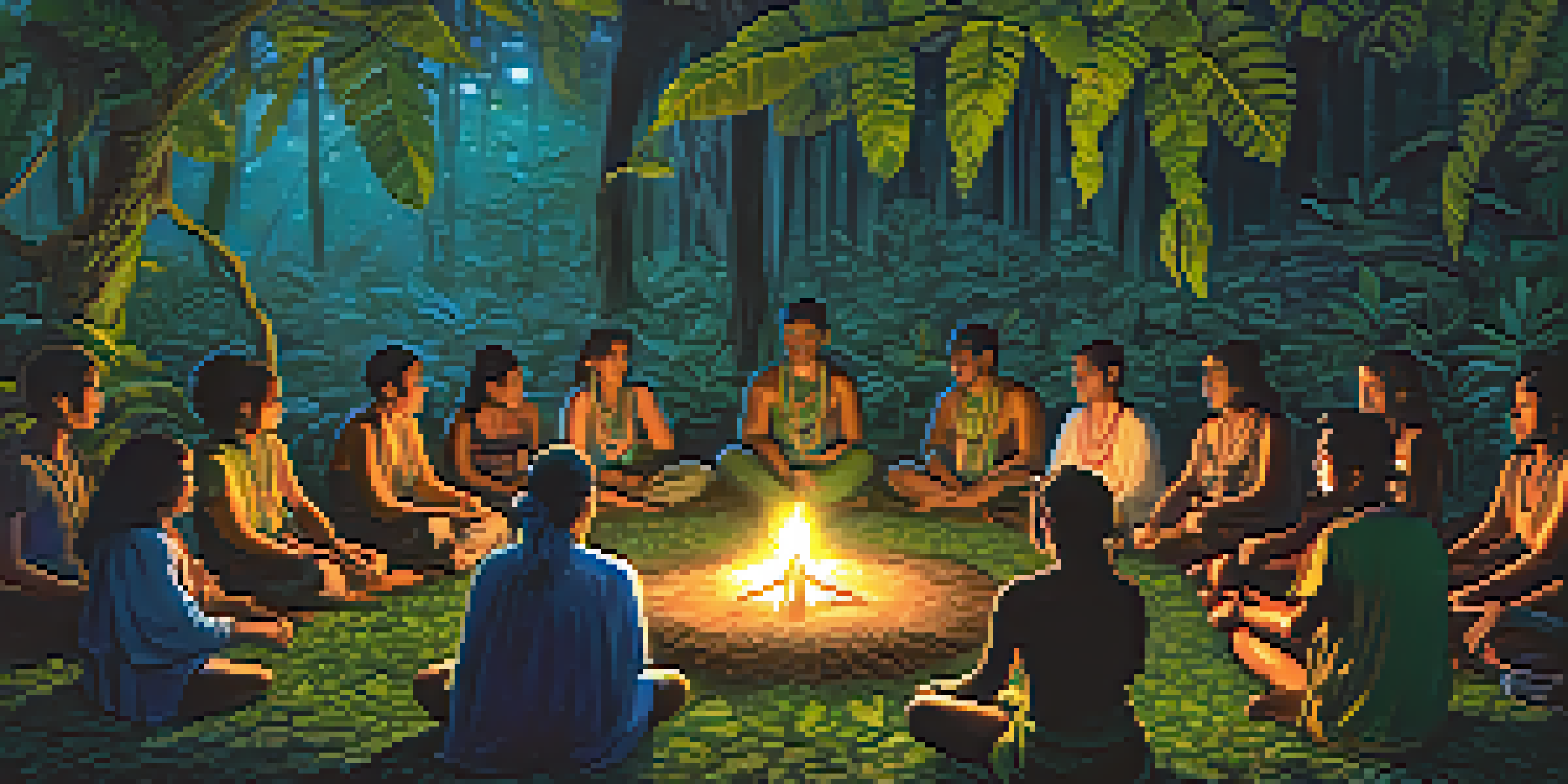 A tranquil ayahuasca ceremony in the Amazon rainforest, featuring participants in a circle around a shaman, illuminated by warm candlelight.