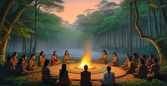 A peaceful Amazon rainforest at dusk, showcasing a traditional Ayahuasca ceremony with participants gathered around a fire, draped in colorful blankets.
