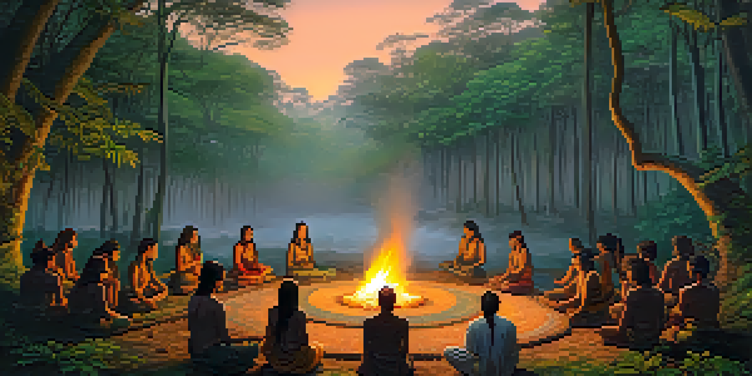 A peaceful Amazon rainforest at dusk, showcasing a traditional Ayahuasca ceremony with participants gathered around a fire, draped in colorful blankets.