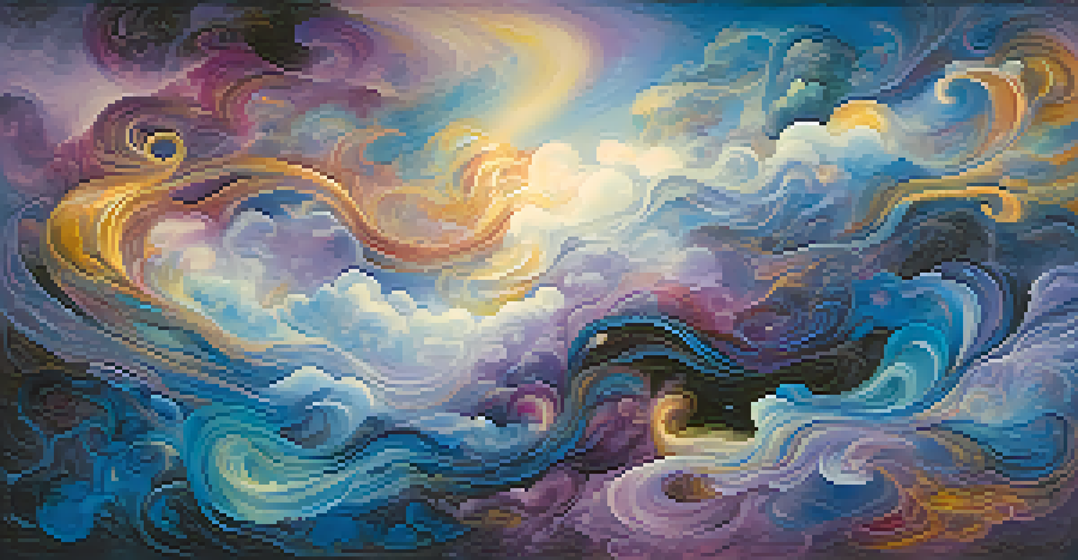 An abstract dreamscape with swirling colors and ethereal figures floating among clouds, symbolizing the subconscious mind.