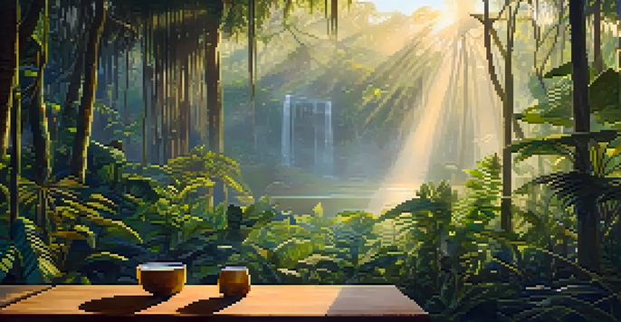 A tranquil rainforest setting with an Ayahuasca brew on a wooden table, surrounded by colorful plants and mist in the early morning light.